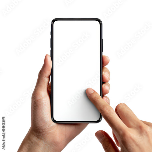 Person is holding a cell phone with a white screen and a finger pointing at it. 3D png transparent background