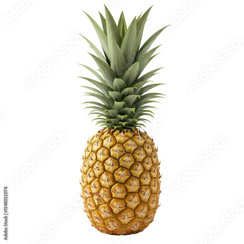 Ripe pineapple with green leaves on a transparent background. Golden yellow fruit, detailed texture