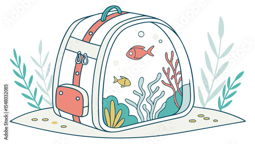 Illustration of a backpack pet carrier with fish, coral, and aquatic plants inside, surrounded by foliage