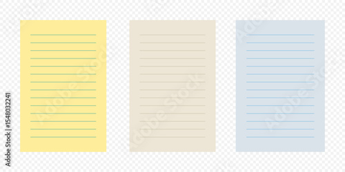 Vector set of lined notepaper sheets in pastel colors with transparent background, ideal for notes, school templates, office stationery, digital planners, journals, and educational design