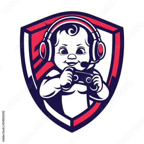 Cute baby gamer in headphones playing video games