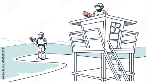 Two futuristic guards with laser guns near a lifeguard tower on a light blue beach landscape scene drawn style