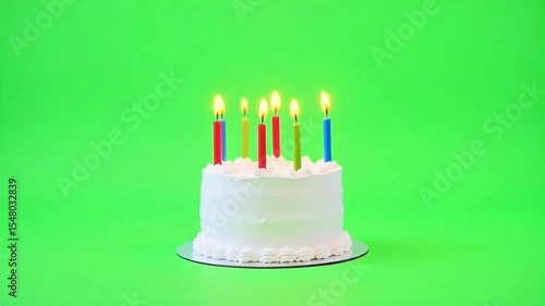 Festive Birthday Cake with Lit Candles on Green Background Perfect for Celebrations and Greetings