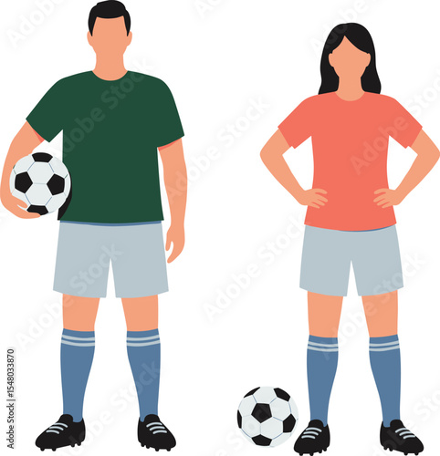 Male and female soccer players standing, holding ball, wearing sportswear, football uniform, cartoon vector illustration, flat design style, isolated, team concept, athlete