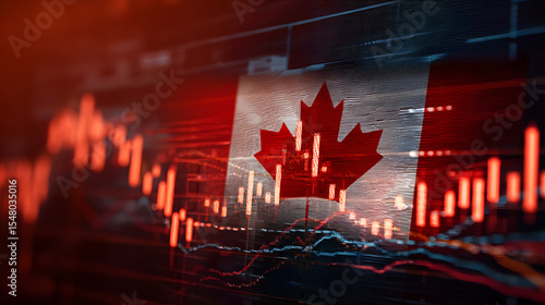 Financial data trends overlaying the Canadian flag, depicting the connection between national identity and economic performance.