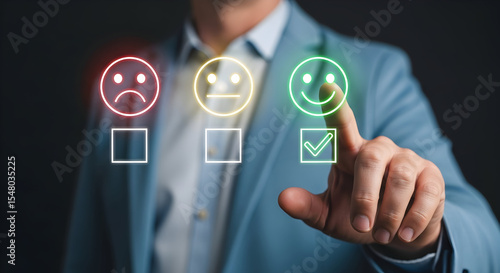 Businessman Selecting Positive Customer Feedback Using Digital Emojis