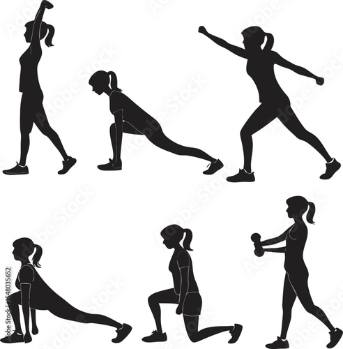 Silhouette in Action: A dynamic silhouette of a woman performing a diverse workout routine, capturing strength and motion against a neutral backdrop.