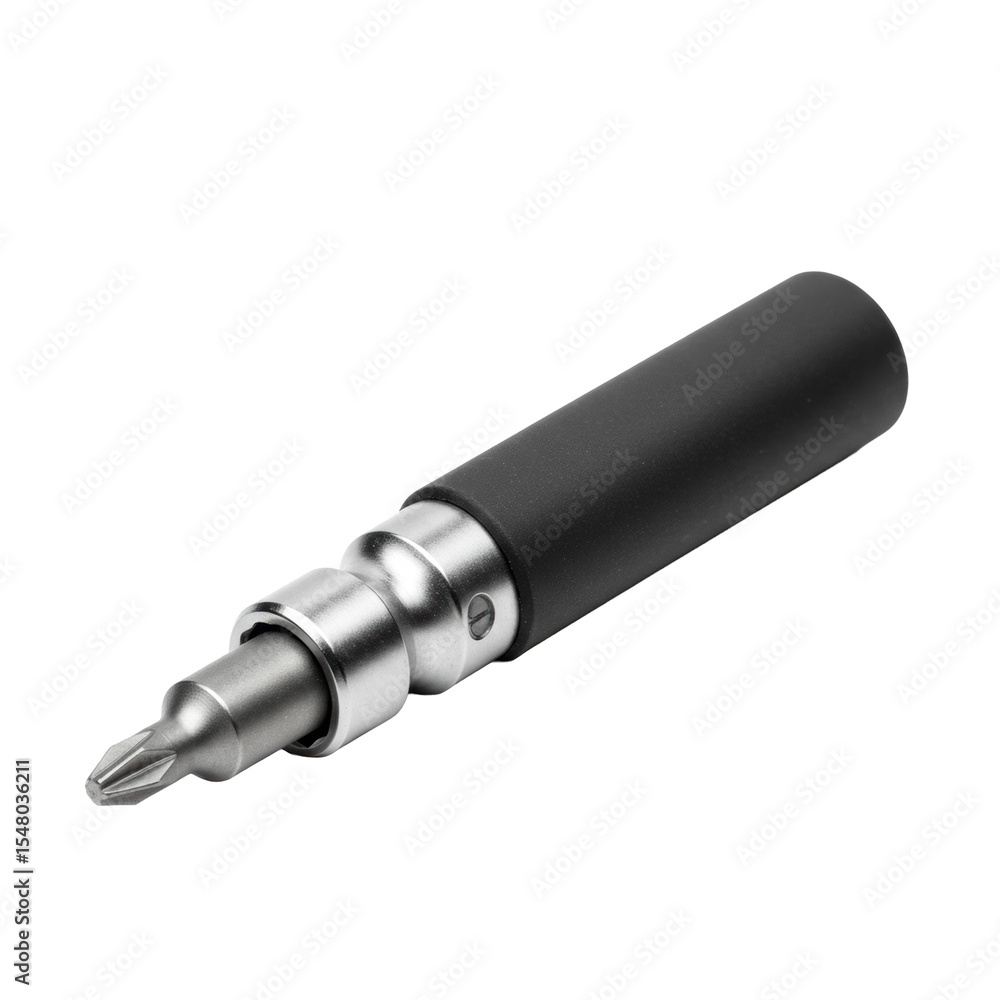 Fototapeta premium Sleek, modern magnetic bit holder of brushed chrome metal with black rubberized grip, subtly holding a silver Phillips head bit, isolated on a pristine transparent studio background, concept of