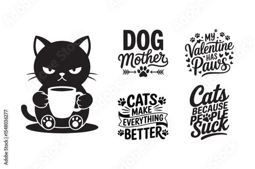 Cute Cat and Funny Pet Quote SVG Bundle for Crafters Vector, Illustration
