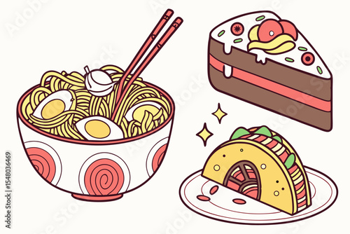 Maximalist ramen noodle bowl food illustration