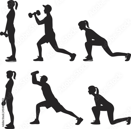 Fitness Silhouette Collection: A series of dynamic black silhouettes showcasing various workout exercises, from dumbbell curls to lunges, promoting fitness and well-being with graphic design elegance.