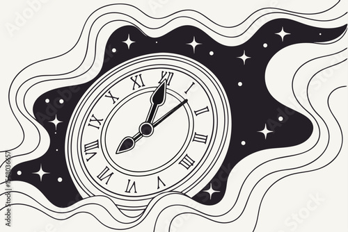 Surreal melting clock transforming into a starry night sky