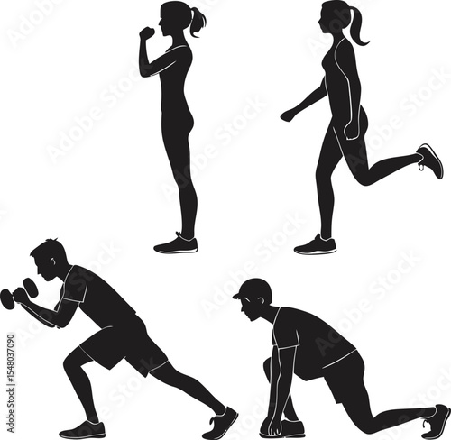 Active Fitness Silhouette: A collection of black silhouette figures engaged in various fitness exercises. The image captures the essence of movement and physical activity.