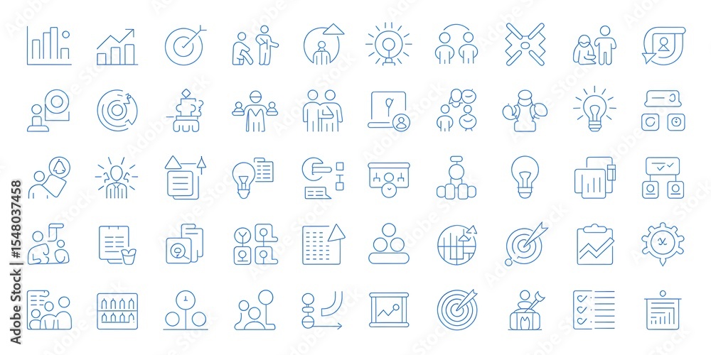 Business and management icon set in blue outline style Business and management icon set in blue outline style