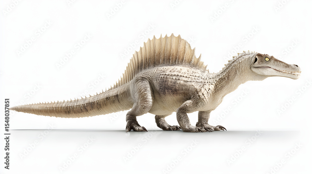 Fototapeta premium A realistic Spinosaurus model showcasing its distinctive sail-like ridge and powerful build against a neutral background.