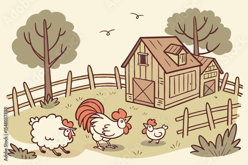 Rustic country roosters a barnyard animal illustration set