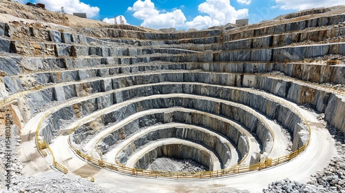 Fototapeta Naklejka Na Ścianę i Meble -  Open-pit gold mine with terraced benches and clear blue sky overhead
