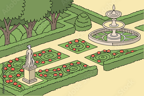 Victorian garden with fountains and statues elegant vector illustration