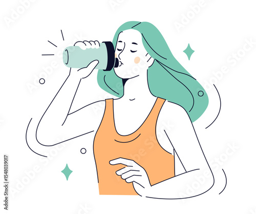 Woman character drinking protein shake from shaker bottle after gym. Fitness and sport outline concept. Vector illustration.