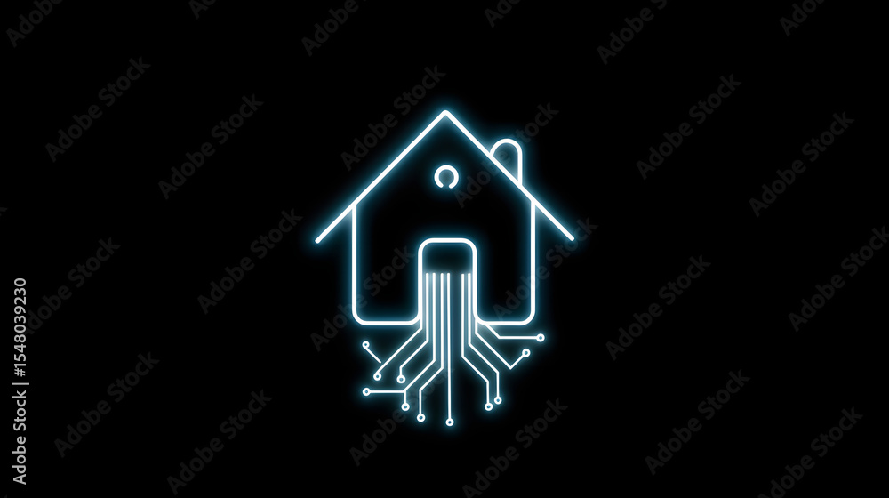 A digital house silhouette with glowing circuit lines, symbolizing smart home technology and innovation. A digital house silhouette with glowing circuit lines, symbolizing smart home technology and innovation.