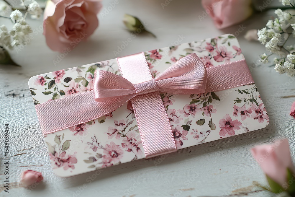 A pastel pink gift label featuring a floral pattern and a satin ribbon