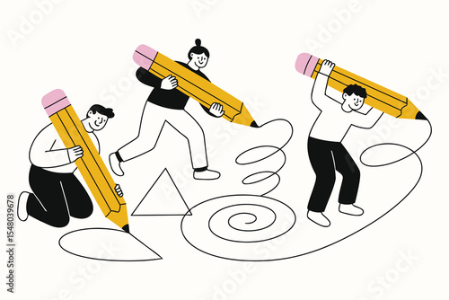 Minimalist vector of people drawing abstract shapes with large pencils. Fun, playful, and perfect for creativity, education, or teamwork concepts. Hand-drawn line style.