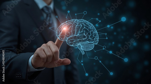 Businessman hand pointing data of brain digital. Artificial intelligence technology. Machine Learning business concept.