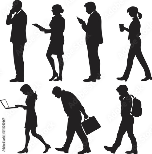 Urban Silhouette: Silhouettes of diverse people engaged in daily activities, capturing a sense of urban life with individuals interacting with mobile devices and carrying bags.