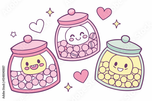 Kawaii candy jars cute vector illustration set