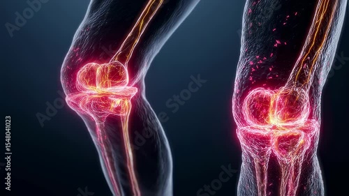 Medical animation depicting progressive bone weakening in knee joint, revealing inflammatory regions glowing red, signaling advanced osteoporosis related structural damage