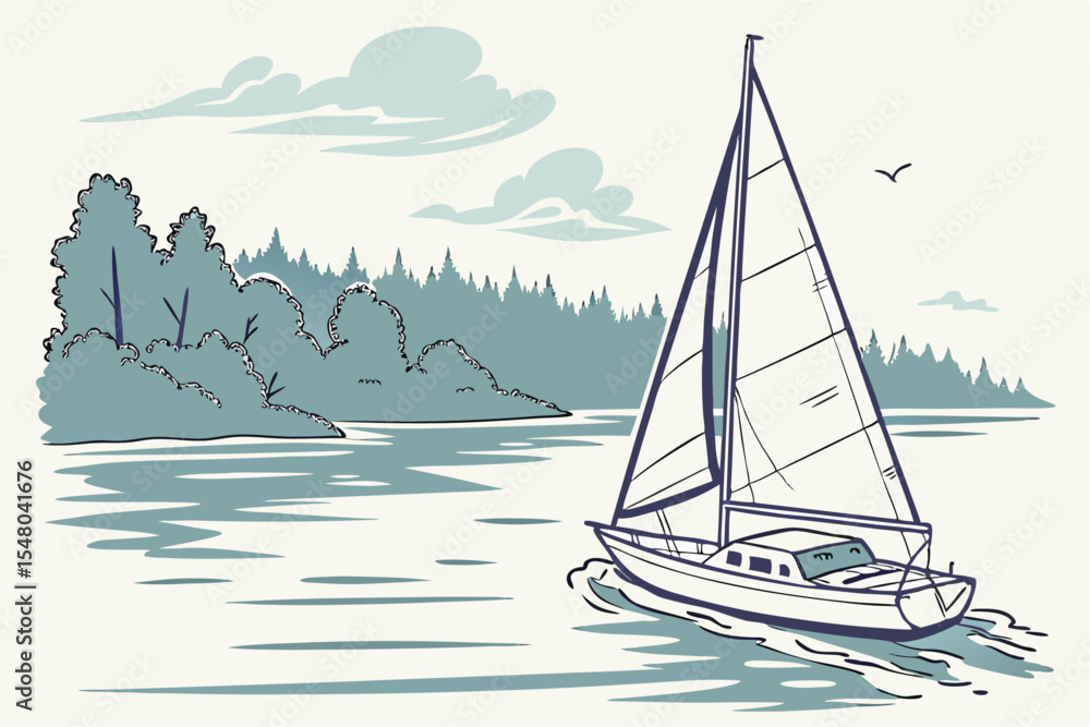 Fototapeta premium Watercolor sailboat on serene lake vector illustration