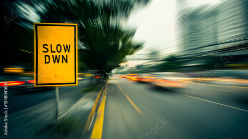 A blurred traffic scene showcasing a yellow 'SLOW DOWN' sign, emphasizing the importance of caution in busy urban areas.