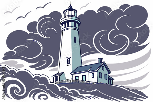 Watercolor lighthouse in stormy sea vector illustration