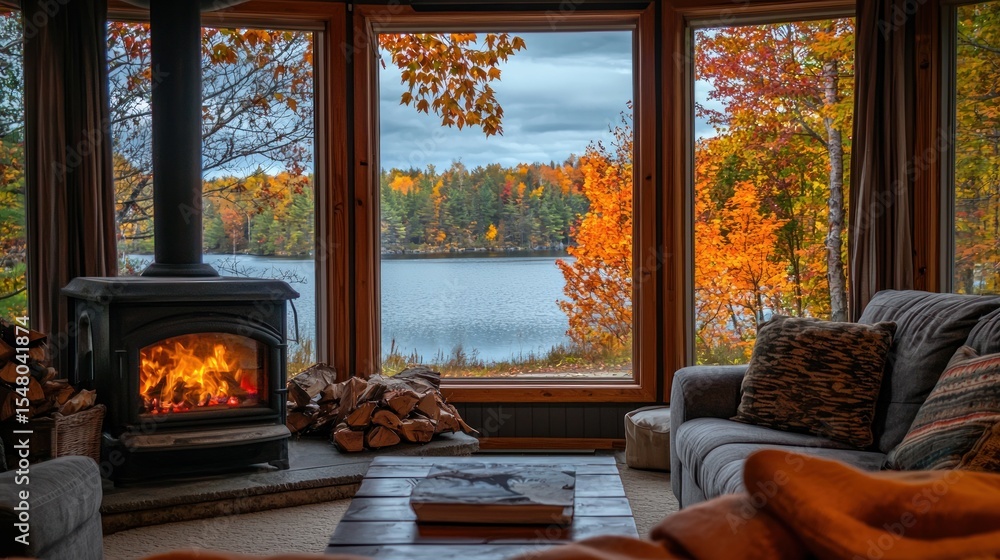 Fototapeta premium Cozy Autumn Zoom Background With Scenic Lake View