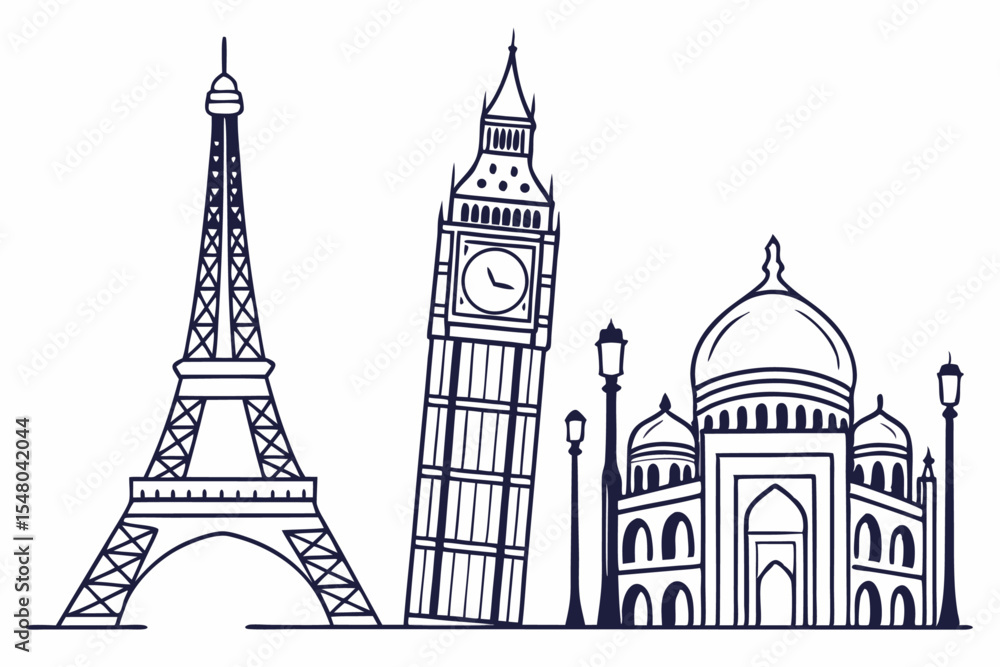 Obraz premium Minimalist line art travel landmarks eiffel tower big ben and more