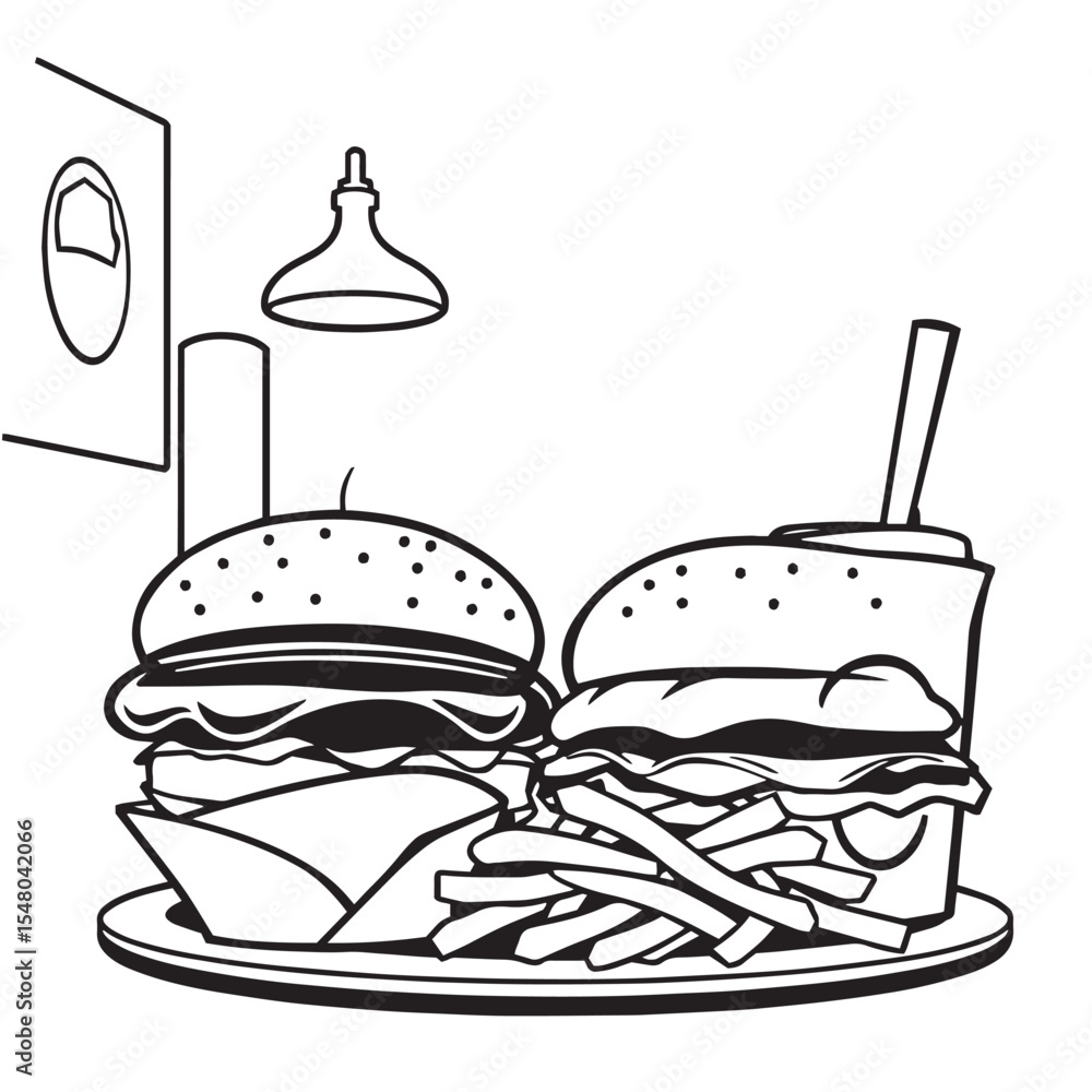 Fast food item concept black and white vector illustration design. Fast food item concept black and white vector illustration design.