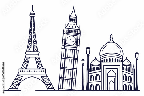 Minimalist line art travel landmarks eiffel tower big ben and more