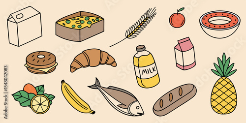 Food cartoon vector seamless pattern with different vegetables, fruit, fish, and meat
