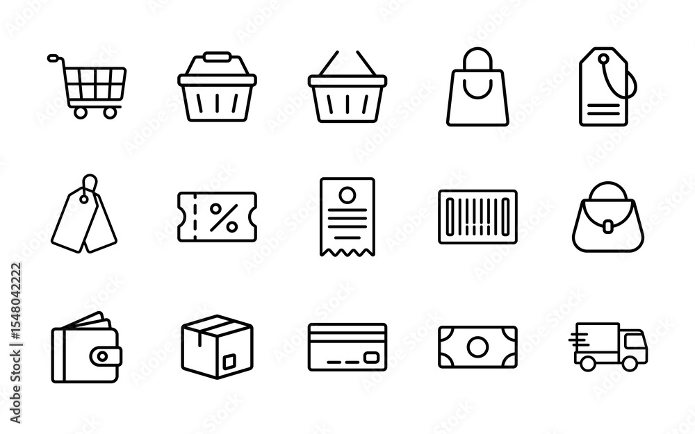 Shopping icon set includes shopping cart, shopping baskets, barcode, cash money, sale tags, and many more, ideal for shop, supermarket, retail, and e-commerce designs Shopping icon set includes shopping cart, shopping baskets, barcode, cash money, sale tags, and many more, ideal for shop, supermarket, retail, and e-commerce designs