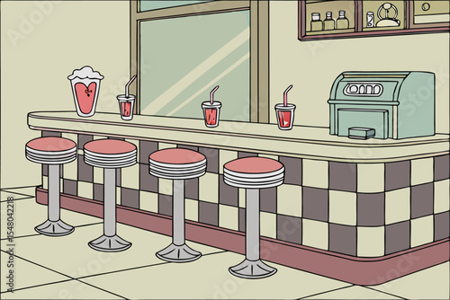 Retro diner counter with stools and seating vector illustration