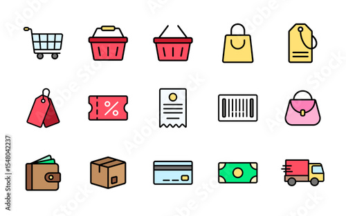 Shopping icon set in outline colored style, includes shopping cart, shopping baskets, barcode, cash money, sale tags, and many more. Ideal for shop, supermarket, retail, and e-commerce designs.