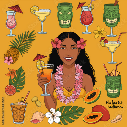 Aloha vibes: Woman in floral lei with tropical drinks and island elements