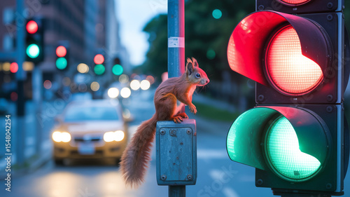 A nighttime urban photograph of a red squirrel perched on a traffic light pole.