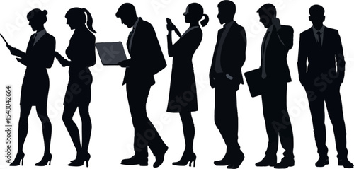 Business Silhouettes: A row of diverse business professionals stand in silhouette, each engrossed in their respective tasks, symbolizing a modern workforce.