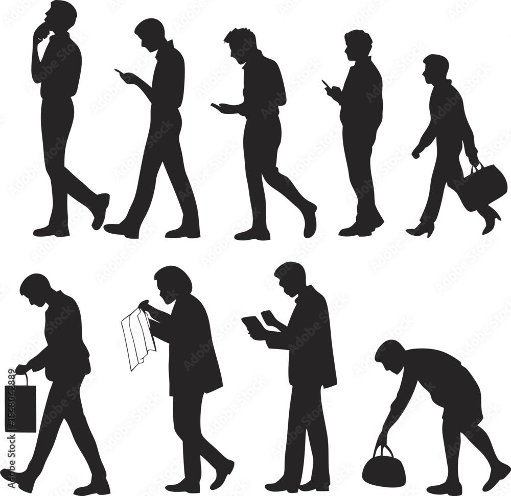 Obraz premium Silhouettes of Modern Life: A series of eight distinct silhouettes depict individuals engrossed in various modern activities.