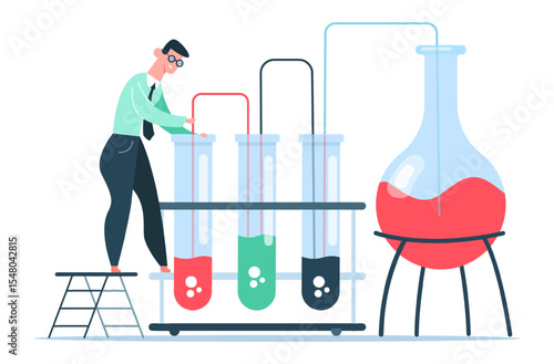 Laboratory worker standing on small ladder and pouring liquid into test tubes during experiment with colorful substances in laboratory glassware