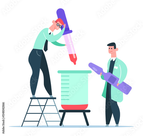 Two male scientists working together in a laboratory, adding reagent to a test tube during an experiment, using a dropper and a large pipette, standing on a ladder and smiling
