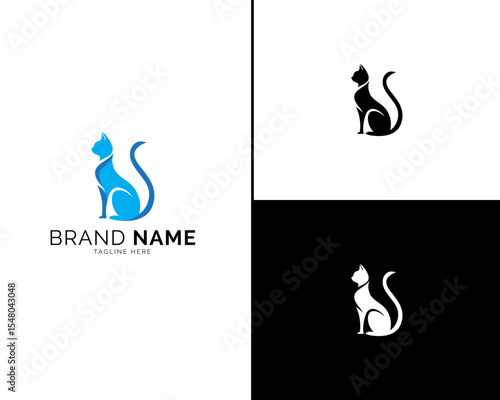 Elegant Cat Logo Design in Blue and Black Color Variations, Ideal for Unique and Sophisticated Brand Identity. Modern Style Perfect for Pet Stores, Designers, or Luxury Branding.

