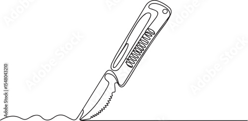 continuous single line drawing of a utility knife with textured handle and retracted blade on white background