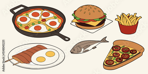 Delicious hot fast food meal icons: pizza, hamburger, burger, sandwich, and salad illustrations